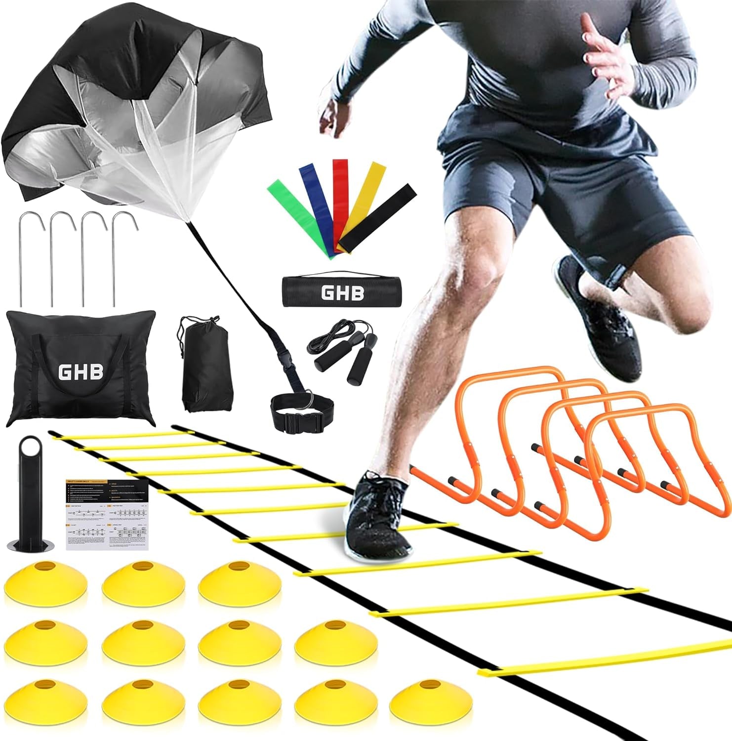 Agility Ladder,Football Training Equipment Set,4 Agility Hurdles, 20 Feet12 Rungs Speed Ladder,12 Disc Cones,Resistance Parachute, Jump Rope, 5 Resistance Bands