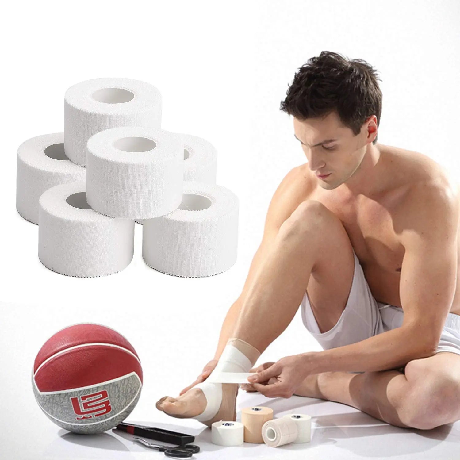 10 Pack Athletic Tape in White Cotton Sport Tape Adhesive Elastic Bandage Knee Wrist Ankles Muscle Support- Easy Tearing